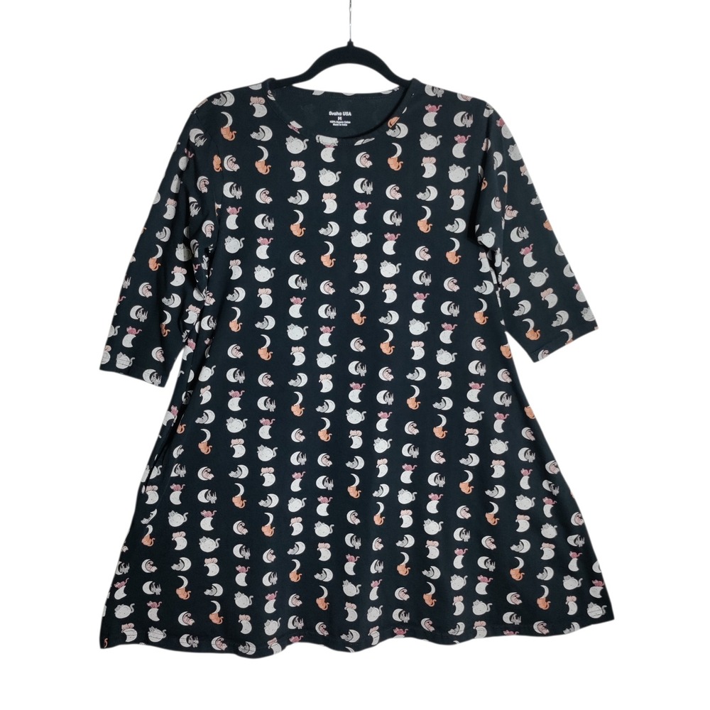 Svaha USA Black Organic Cotton Cat Moon Print A-Line Dress Womens Medium M